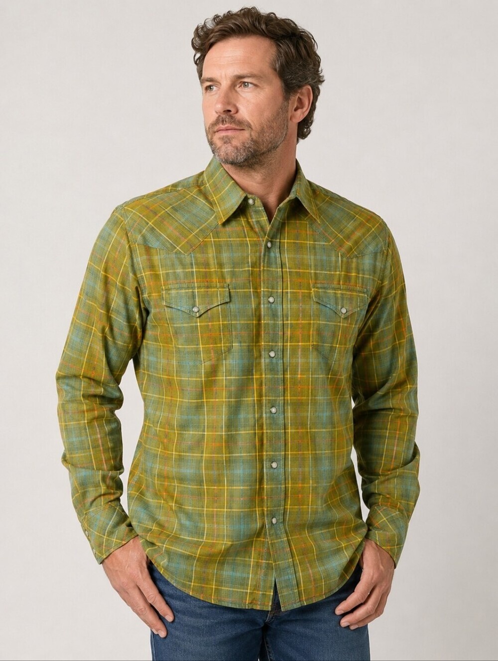 VTG ROPER 1970s Lime Green Metallic Plaid Long Sleeve Western Snap Shirt